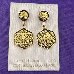 Handcrafted 24k Gold Plated and Black Floral Earrings